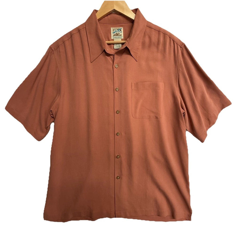 TravelSmith Mens L Silk Button Up‎ Shirt Orange Short Sleeve Casual